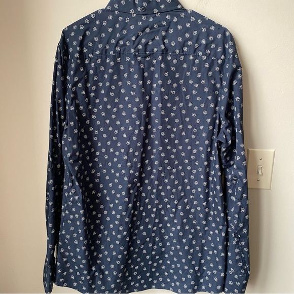 Navy Blue paisley Patterned Men's Button Up Shirt size L slim fit 100% cotton - Picture 5 of 10